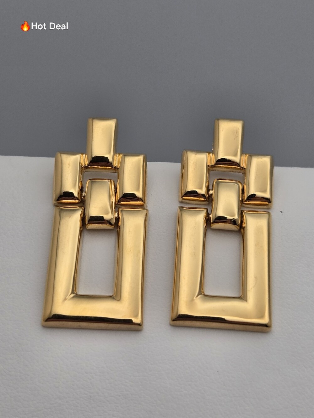 Monet Door Knocker Earrings Gold Tone Geometric Dangle 1980s 1 3/8''